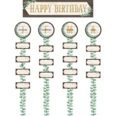 a happy birthday banner with flowers and leaves