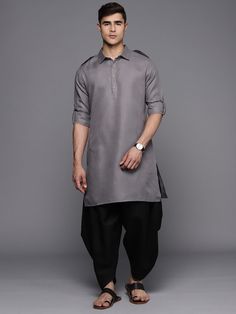 Grey Linen Pathani Kurta with Dhoti Pants - Inddus.com Black Pathani, Kurta With Dhoti, Door Design Photos, Dhoti Pants, Navy Blue Linen, Weave Fabric, Gray Linen, Churidar, Shirt Collar