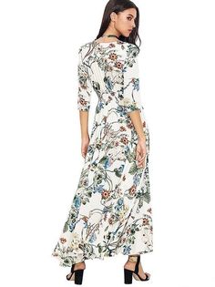 Pretty Bohemia Floral Printed V Neck Maxi Dress - rrdeye Summer Vacation Dress With Half Sleeves, Summer Vacation Dresses With Half Sleeves, Half Sleeve Summer Vacation Dresses, Non-stretch Floral Print Dress For Vacation, Floral Print Non-stretch Dress For Vacation, Floral Print Non-stretch Vacation Dress, White Non-stretch Maxi Dress For Vacation, White Non-stretch Maxi Dress For Beach, Non-stretch White Maxi Dress For Beach