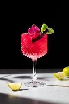 a pink cocktail with limes and garnish on the rim