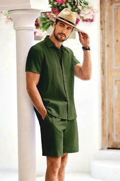 men's cotton shirt and short set is made of purely 110% cotton soft,breathable and skin friendly Vintage Shirt And Shorts Outfit For Men, Matching Shorts And Top Set Men, Vintage Shirt And Short For Men, Men Coord Sets, Men Beach Outfit, Summer Style For Men, Customer Quotes, Learn Fashion, Notch Collar Shirt