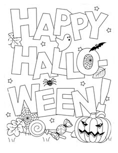 happy halloween coloring page with pumpkins, bats and spider web on the front side