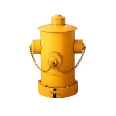 a yellow fire hydrant with chains on the top and bottom, in front of a white background