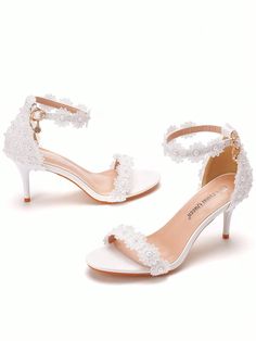 Women's 7cm White Lace Flower High Heeled Sandals With Ankle Strap, Ideal For Weddings And Evening Dresses, Mid Heel Large Size White Sandals, Elegant White High Heeled Sandals For Women's Wedding Gowns White Glamorous,Fashionable    Plain    Women Shoes, size features are:Bust: ,Length: ,Sleeve Length: White High Heel Sandals, Wedding Headwear, High Heeled Sandals, White High Heels, Evening Dresses For Weddings, Lace Flower, White Sandals, Mid Dresses, Lace Flowers