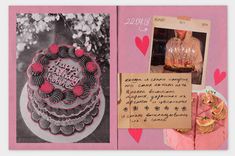 an altered photograph of a birthday cake with pink frosting and decorations on it, surrounded by hearts