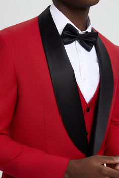 This one button tuxedo by Stacy Adams features a wide black satin shawl lapel, matching pants and vest. This comes in a hybrid fit (Sizes 34-44 = Slim Fit | Sizes 46+ = Modern Fit) Red Tuxedo Three-piece Suit For Party, Red Tuxedo Style Three-piece Suit For Party, Red Tuxedo Three-piece Party Suit, Elegant Tailored Red Tuxedo, Elegant Tailored Red Three-piece Suit, Classic Satin Suits For Semi-formal Occasions, Elegant Red Fitted Tuxedo, Classic Tailored Satin Suits, Red Fitted Tuxedo For Wedding