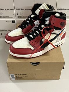 This is a pair of Jordan 1 Retro OG x Off-White High Chicago sneakers in size 9.5. The sneakers come with the original box and are in perfect condition. They feature a high top shoe shaft style and are designed in a striking red color with white accents. The sneakers are part of the Air Jordan product line and were released in 2017. They are a must-have for any sneaker collector, especially those who appreciate the Jordan brand and the unique collaboration with Off-White. White High-top Urban Jordan Shoes, Urban White High-top Jordan Shoes, White High-top Sneakers With Branded Heel Counter, Modern High-top Custom Sneakers With Branded Heel, White Sole High-top Jordan Shoes With Branded Heel Counter, Custom High-top Sneakers With Branded Heel, Custom Sneakers With Branded Heel Counter For Streetwear, Custom High-top White Sneakers With Branded Heel Counter, White Custom High-top Sneakers With Branded Heel Counter