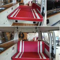 the interior of a camper with red and white seats