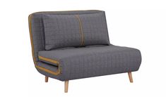 a gray chair with wooden legs and a quilted design on the armrests