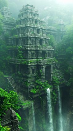 an image of a waterfall in the middle of a forest with many buildings on it