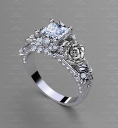 a white gold engagement ring with roses and diamonds