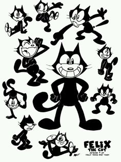 black and white drawing of cartoon cats in various poses, with the caption'felix the cat '