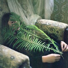 a woman sitting on a couch with a fern in her lap and looking at the camera