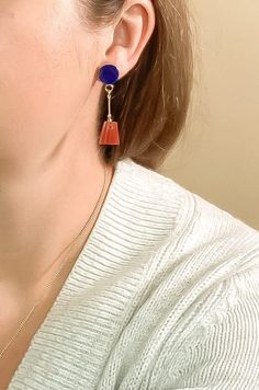 Limited editionLapis cabochons in brass settings with sterling silver posts, gold plated bars, vintage carnelian glass fan charmsEarrings are 2" long Glass Drop Earrings, Earring Necklace, Pink Yellow, Ring Gift, Vintage Shops, Necklaces Bracelets, Gold Plate, Gift Card, Plating