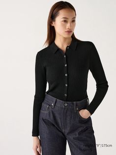 Merino Ribbed Polo Cardigan | UNIQLO US Fine Knit Button-up Top For Work, Fitted Blouse With Button Closure For Layering, Casual Fine Knit Button-up Tops, Cardigan Uniqlo, Polo Cardigan, Collar Designs, Styling Ideas, Shopper Bag, Helmut Lang