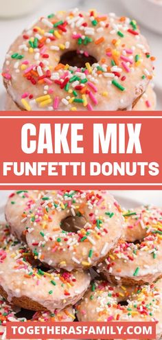 three different types of doughnuts with sprinkles on them and the words cake mix funfetti donuts