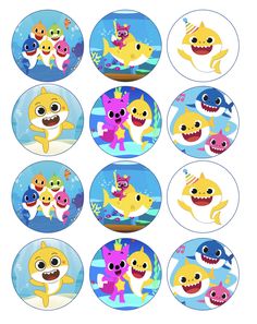 cartoon character stickers with different types of sharks and shark's teeth on them