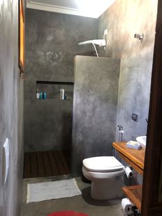 a bathroom with a white toilet sitting next to a wooden counter top under a window