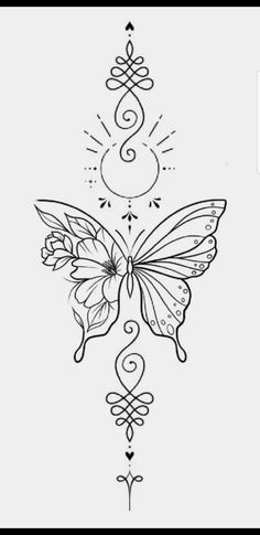 a drawing of a butterfly with swirls and hearts on it's back side