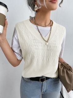 Styling White Sweater Vest, White Short Sleeve Sweater Outfit, Cream Knitted Vest Outfit, Ivory Sweater Vest Outfit, White Sweater Vest Outfit Summer, White Sleeveless Sweater Outfit, White Vest Summer Outfit, Sweater Vest With Short Sleeve Shirt, Summer Sweater Vest