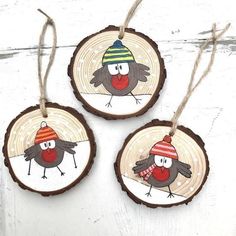 three wood slices with birds painted on them, hanging from twine strings in front of a white wall