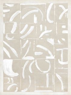 an abstract painting with white paint on beige paper, framed in wood frame and hanging on the wall