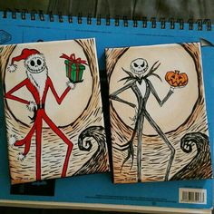 two notebooks decorated with halloween images on the cover and one has a skeleton holding a gift box