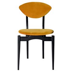 an orange chair with black legs and a yellow seat pad on the back of it