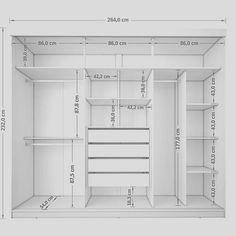 an open closet with measurements for the door and shelves