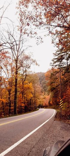 a car driving down the road in front of trees with orange leaves on it's sides