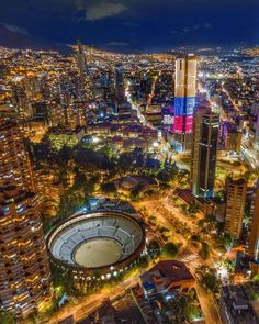 an aerial view of a city at night