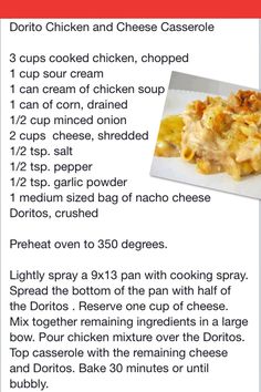 the recipe for chicken and cheese casserole is shown in this page, which includes instructions