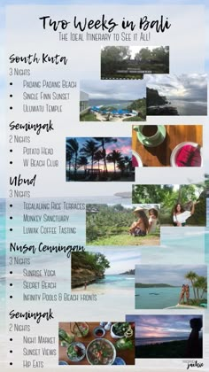 a poster with the words two weeks in bali and pictures of different places around it