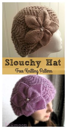 two hats with flowers on them and the words slouchy hat free knitting pattern