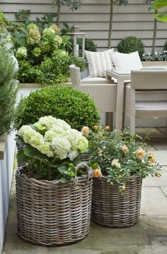 two wicker baskets filled with flowers on a patio