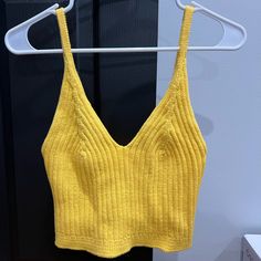 Yellow Knit Tank Top, Never Worn, Size Small! Fitted V-neck Crochet Top, Yellow Pointelle Knit Top, Summer Yellow Knit Top, Yellow Knitted V-neck Top, Spring Yellow Soft Knit Tops, Trendy Yellow Knit Top, Fitted Yellow Knit Top, Casual Knitted V-neck Top, Yellow Knitted Top