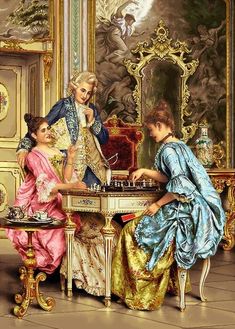 three women playing chess in an ornately decorated room