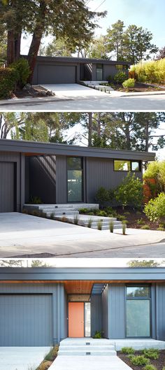 two different views of a modern house with trees in the background