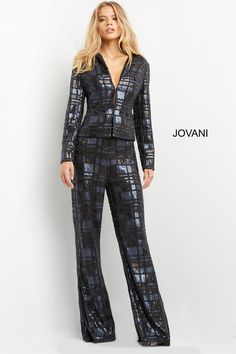 All eyes will be on you in this bead embellished long sleeve pantsuit by Jovani 07166. Make a striking impression in this exquisite ensemble featuring a stunning beaded design. The suit is crafted from luxurious sequin fabric, making it ideal for glamorous occasions. The long sleeves and floor-length pants add an elegant touch, while the fit and flare silhouette creates a sophisticated appearance. The top features a deep V-Neckline, adding a touch of allure. This stylish suit is perfect for thos Sequin Material, Long Sleeve Suit, Plastic Dress, Contemporary Dresses, Stylish Suit, Pure Elegance, Pant Suit, Sequin Fabric, Dress Cover