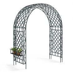 an iron arch with potted plants on the top and bottom shelf, against a white background