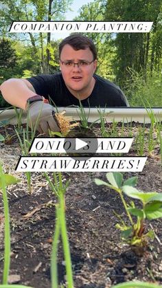 a man kneeling down in the dirt with plants growing out of it