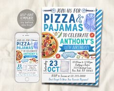 a pizza birthday party card with an iphone next to it