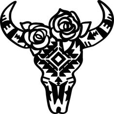 an animal skull with roses and arrows on it's head, drawn in black ink