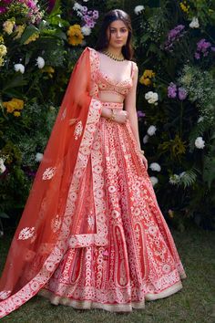 Vermillion orange raw silk lehenga with an attached cancan and gota and thread embroidery. Comes with a padded blouse, a dupatta and a belt. - Aza Fashions Blouse Lehenga, Tuxedo Accessories, Raw Silk Lehenga, Summer Bride, Padded Blouse, Sharara Set, Silk Lehenga, Net Dupatta, Thread Embroidery