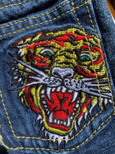 Custom Embroidery Clothes, Dark Blue Y2k, Tiger Jeans, Ed Hardy Tiger, Senior Jeans, Purple Coffee Mugs, Denim Diy Clothes, Ed Hardy Jeans, Embroidery Pants