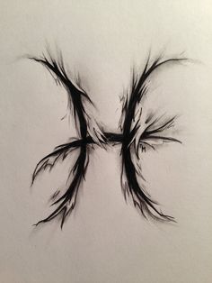 a drawing of two black feathers on a white paper with the letter k in it