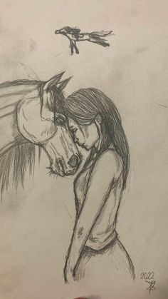 a drawing of a woman kissing a horse with a bird flying above her and behind her