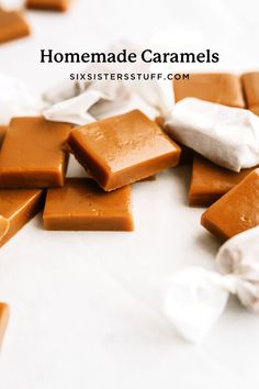 homemade caramels with white marshmallows on the side and text overlay that reads homemade caramels