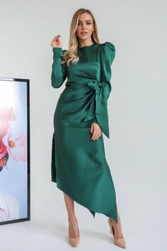 Fabric: Satin silk Viscose 35%, Polyester 35%, Cotton 20% Nylon 10% Wrap dress Midi length Long sleeves Asymmetric hem Short Mother Of The Bride Dresses, Dusky Pink Bridesmaid Dresses, Elegant Green Dress, Simple Silk Dress, Elegant Green Dresses, Elegant Silk Dresses, Satin Dresses Long, Satin Dresses Long Sleeve, Wrap Dress Midi