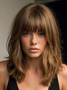 Layered Hair Bangs Medium, Pale Skin Freckles Hair Color, Chic Medium Length Hairstyles, French Mid Length Haircut, Middle Haircut For Women, Bangs With Lob, Thick Bangs With Medium Hair, Coupe Shag, Hair Colors Asian